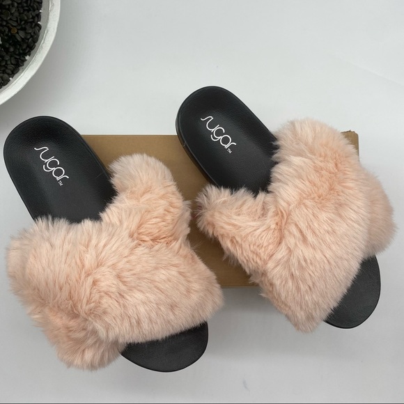 SUGAR women’s platform cross cross faux fur beach day slides in q-blush size 11M - Picture 6 of 7